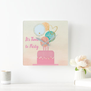 Decorative Pink Cake and Balloons Wall Clock