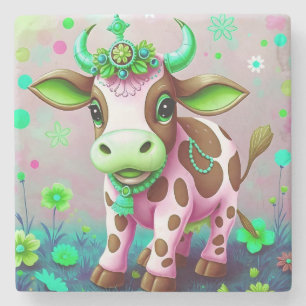 Decorative Pink Cow Floral Charm Stone Coaster