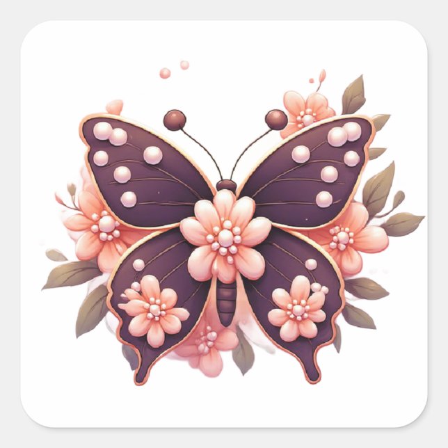 Decorative Pink Floral Butterfly Square Sticker (Front)