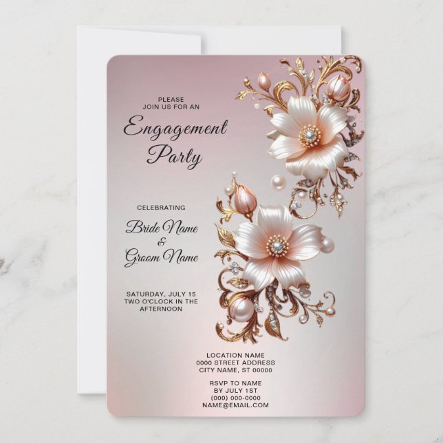 Decorative Pink Floral Engagement Invitation (Front)