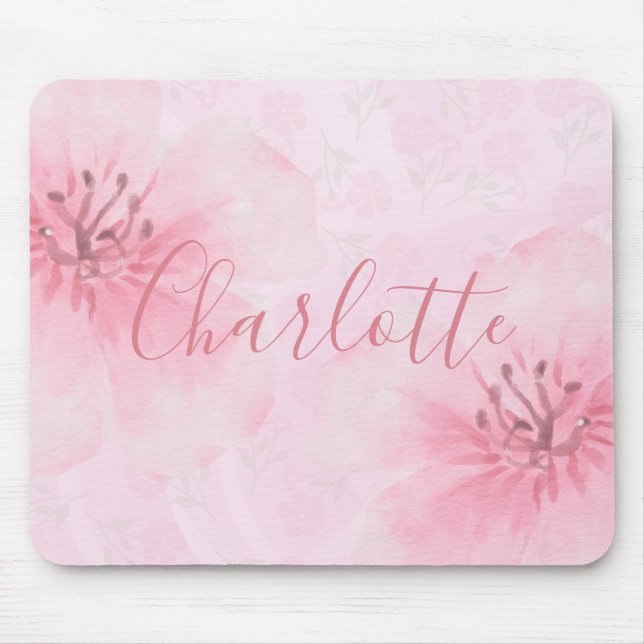 Decorative Pink Floral Your Name Mouse Mat (Front)