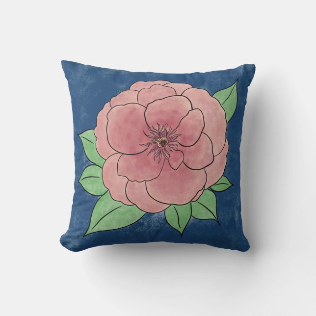 Decorative Pink Flower Blue Throw Pillow (Front)