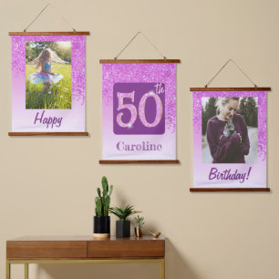 Decorative Pink Glitter 2 Photos for 50th Birthday Hanging Tapestry