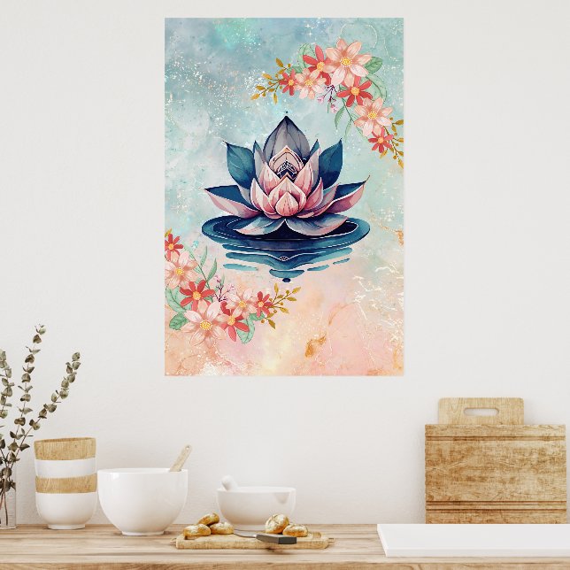 Decorative Pink Green Purity Lotus Poster (Kitchen)