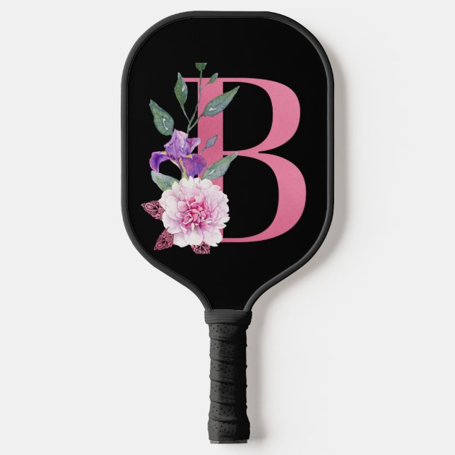 Decorative Pink Monogram B with Pink Flowers   Pickleball Paddle (Front)