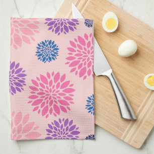 Decorative Pink Purple and Blue Floral Pattern Tea Towel