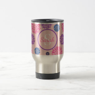 Decorative Pink Purple Blue Floral Personalised Travel Mug