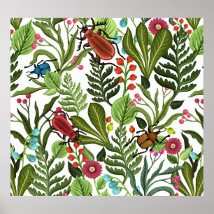 Decorative Plants and Insects: Seamless Design. Poster