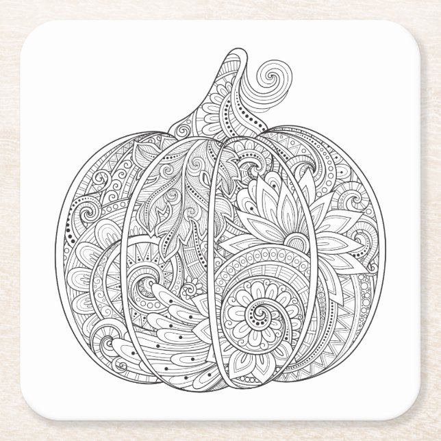 Decorative Pumpkin Doodle Square Paper Coaster (Front)