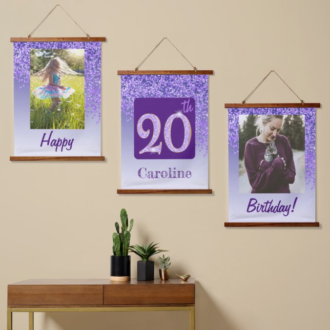 Decorative Purple Glitter 2 Photos 20th Birthday Hanging Tapestry (Asymmetrical)