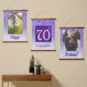 Decorative Purple Glitter 2 Photos 70th Birthday Hanging Tapestry