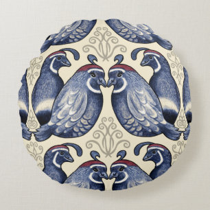 Decorative Quail Navy and Cream Round Pillow