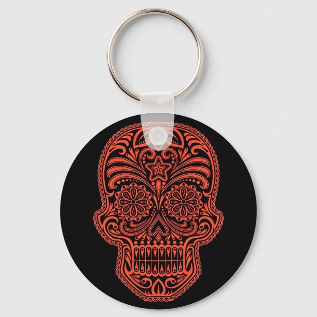 Decorative Red and Black Sugar Skull Key Ring (Front)
