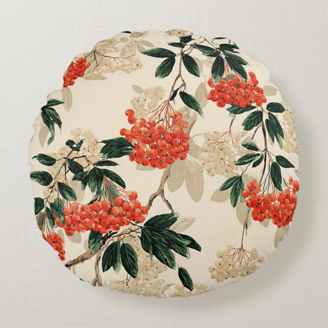 Decorative red and white berries design round cushion (Front)
