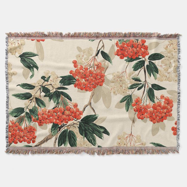 Decorative red and white berries design throw blanket (Front)
