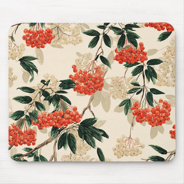 Decorative Red and White Berry Pattern Mouse Mat (Front)