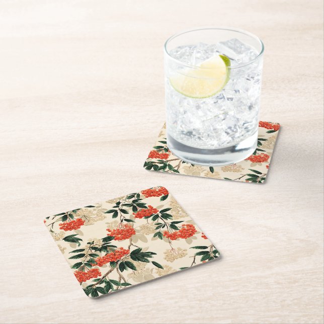 Decorative Red and White Berry Pattern Square Paper Coaster (Insitu)