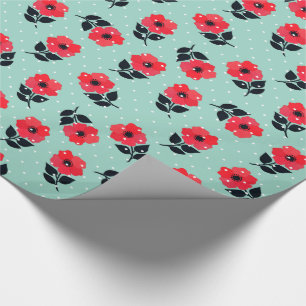 Decorative Red Flowers Mint Blue Polka Dots Wrapping Paper