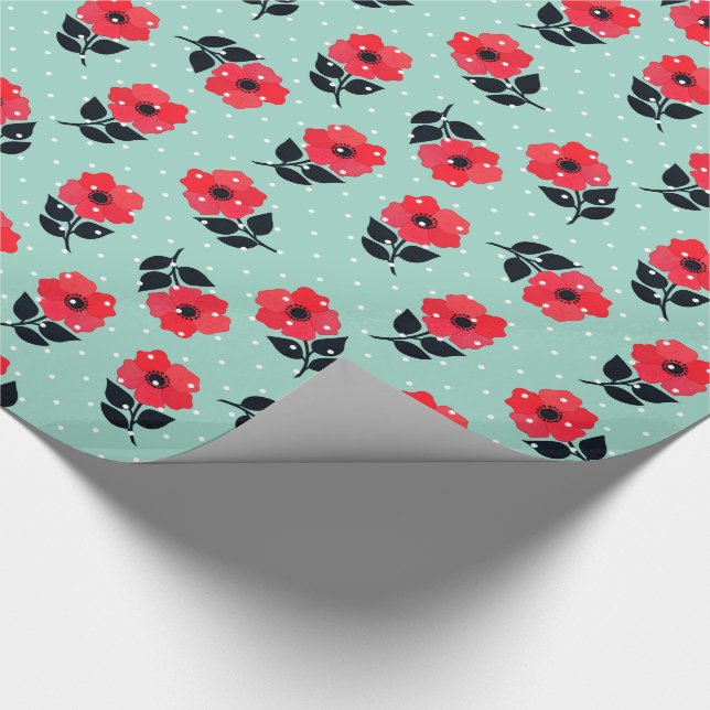 Decorative Red Flowers Mint Blue Polka Dots Wrapping Paper (Corner)