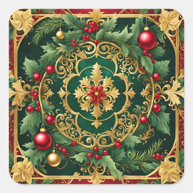Decorative Red Gold Green Christmas Holiday Square Sticker (Front)