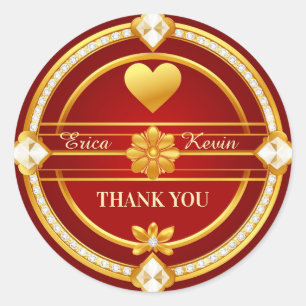 ✨ Decorative Red Gold Heart Thank You 🌹 Classic Round Sticker