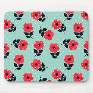 Decorative Red Mint Floral Pattern Mouse Mat