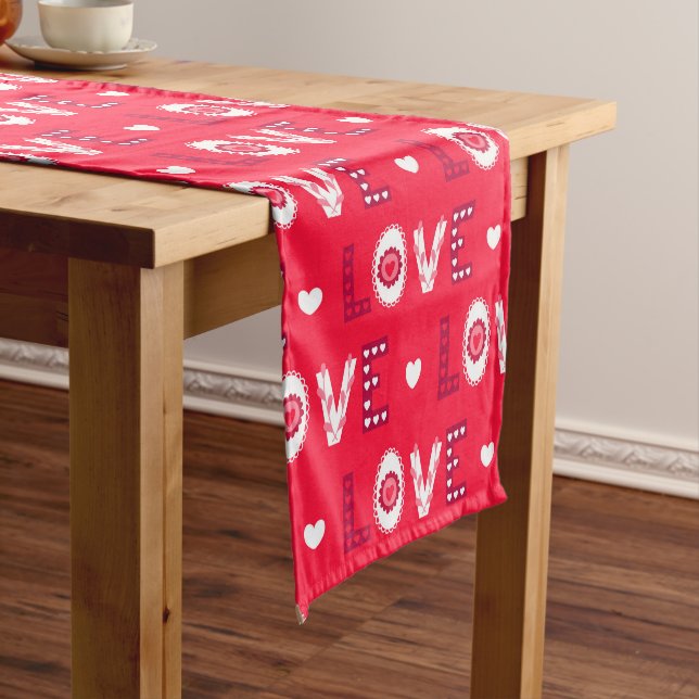 Decorative Red & White Words Short Table Runner (In Situ)