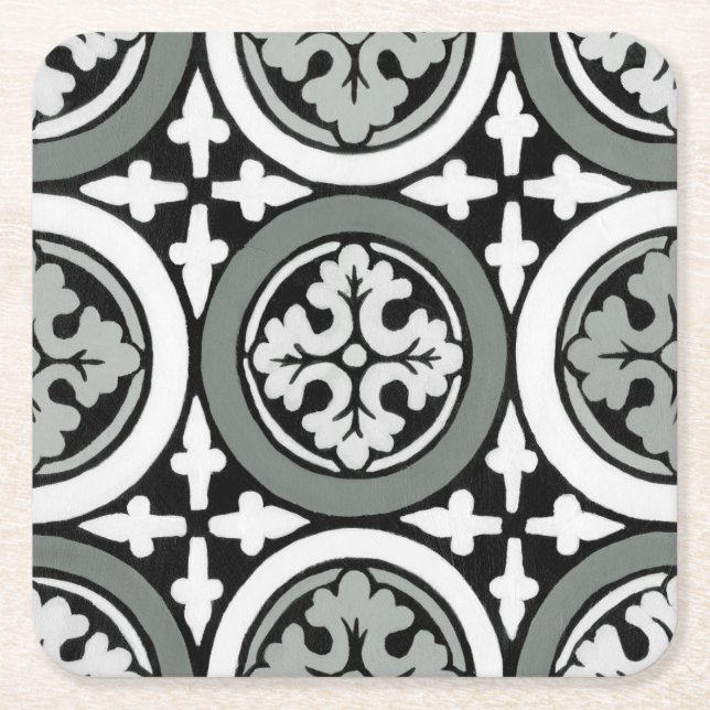 Decorative Renaissance Rosette Tile Design Square Paper Coaster (Front)