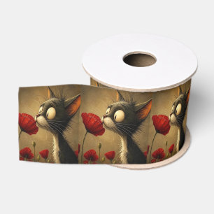 Decorative Ribbon Black & White Cat Red Flower Grosgrain Ribbon