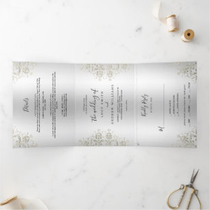 Decorative Romantic Silver Damask Wedding Tri-Fold Invitation