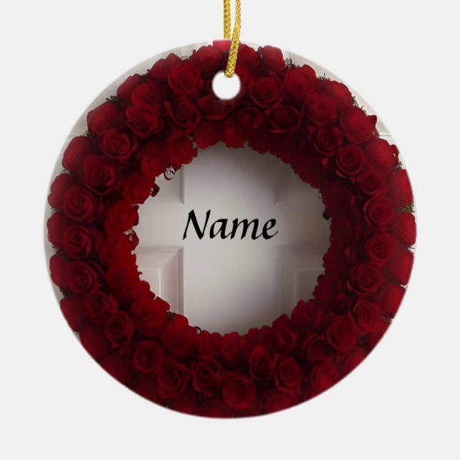 Decorative Rose Wreath with Bright Red Hearts  Ceramic Tree Decoration (Front)