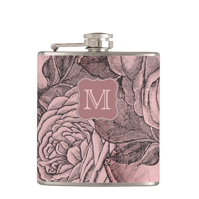 Decorative Roses Blush Pink Monogram Hip Flask (Front)