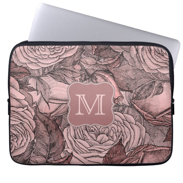 Decorative Roses Blush Pink Monogram Laptop Sleeve (Front)