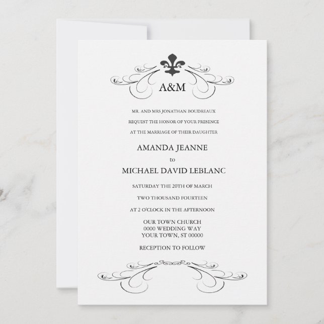 Decorative Scroll Fleur de Lis Wedding (Gold) Invitation (Front)