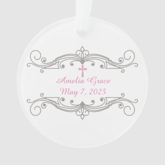 Decorative Scroll Ornament, Pink Cross, Religious Ornament (Front)