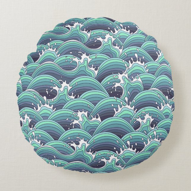 Decorative Sea Wave Background Round Cushion (Front)
