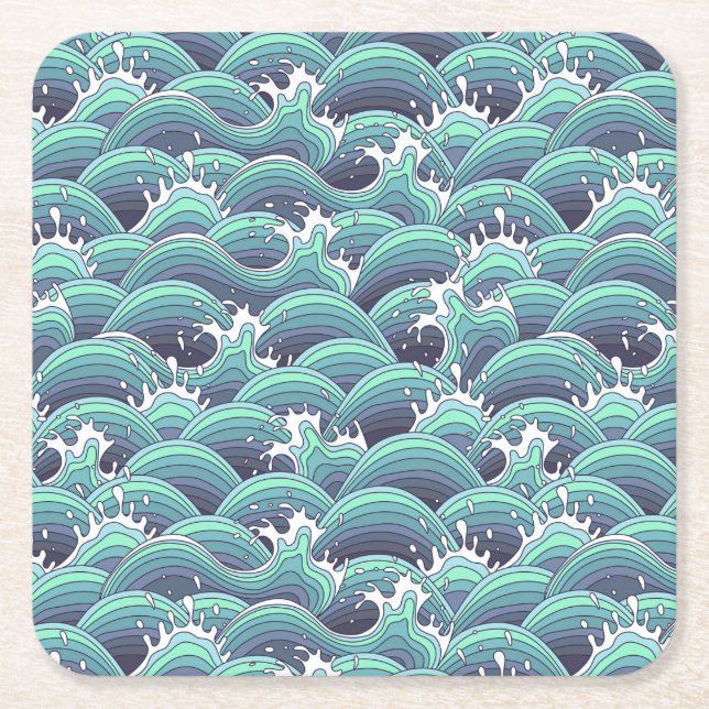 Decorative Sea Wave Background Square Paper Coaster (Front)