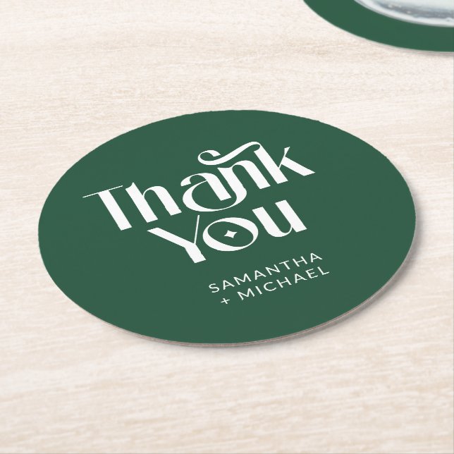 Decorative Serif Deep Pine Wedding Thank You Round Paper Coaster (Angled)
