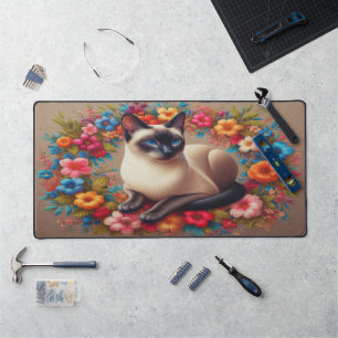 Decorative Siamese Cat Colourful Floral Border Desk Mat