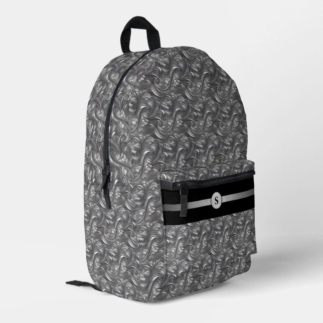 Decorative Silver Grey & Black Personalised  Printed Backpack (Back Corner Left)