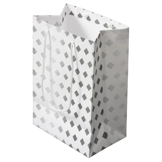Decorative Silver Grey White Diamond Pattern Medium Gift Bag (Front Angled)