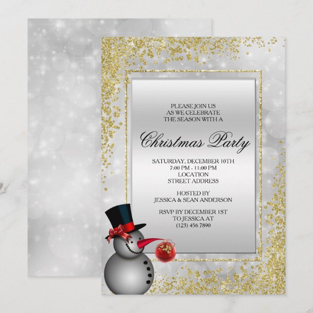 Decorative Silver Snowman & Gold Glitter Christmas Invitation (Front/Back)