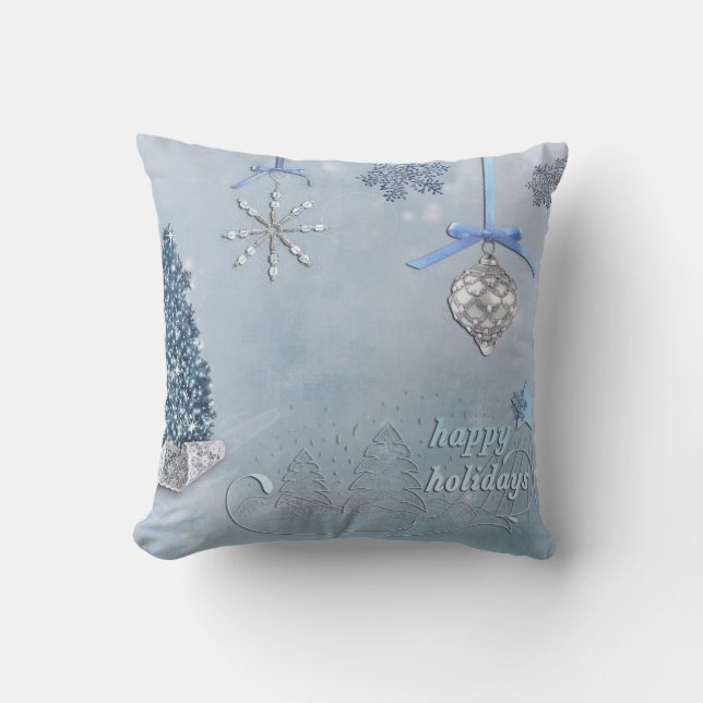 Decorative Snow Blue & White Ball Happy Holidays Cushion (Front)