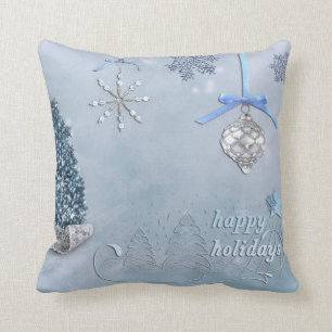 Decorative Snow Blue & White Ball Happy Holidays Cushion