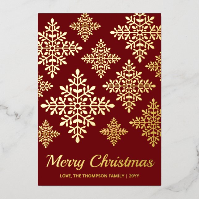 Decorative Snowflakes On Red Foil Holiday Card (Front)