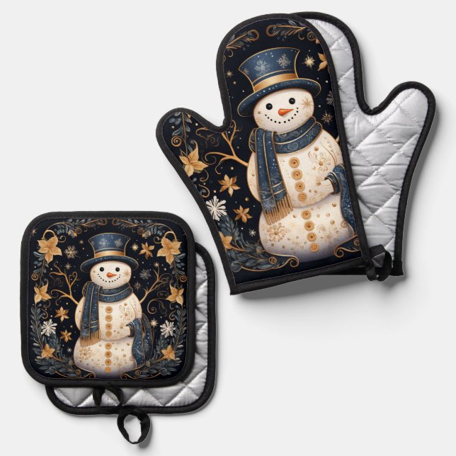 Decorative Snowman Holiday Oven Mitt & Pot Holder Set (Front/Back)