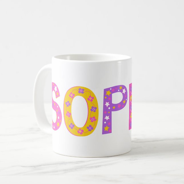Decorative Sophie flowers star pink purple graphic Coffee Mug (Front Left)