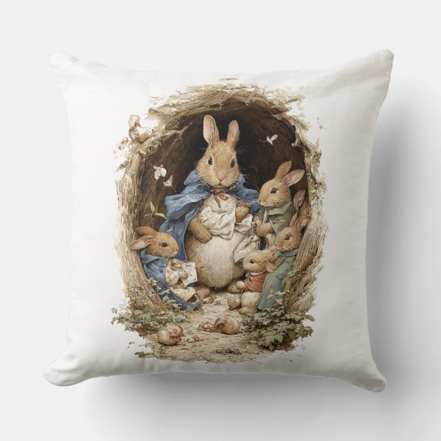Decorative Spring Rabbit Flowers Throw Pillow (Front)