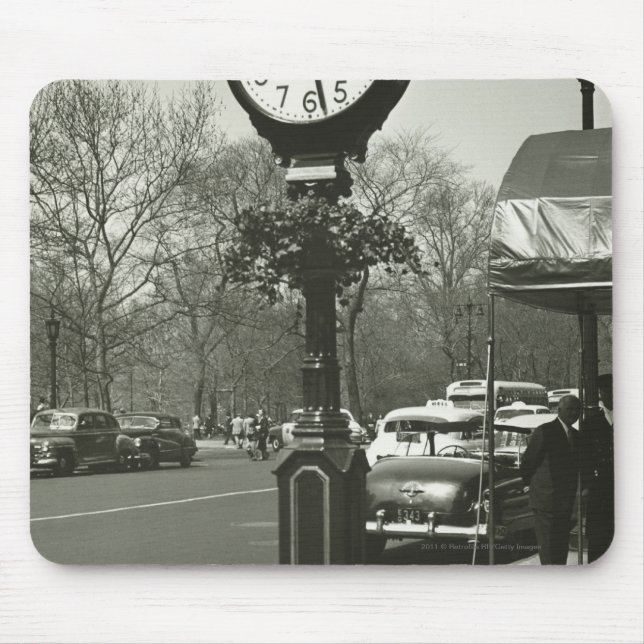 Decorative street clock two background people mouse mat (Front)