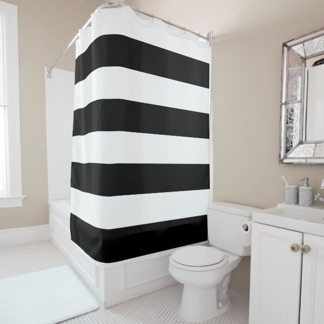 Decorative Striped Black & White Stripes Pattern Shower Curtain (In Situ)